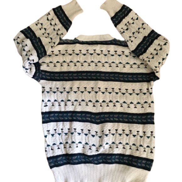 Peconic Bay Traders Sweater Vintage 1980s Cotton Ivory Teal Large - Picture 3 of 4